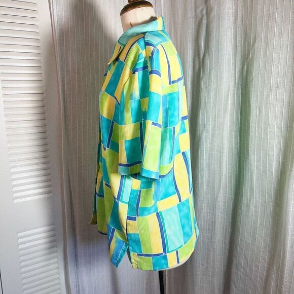 Alia | Women’s | Blouse | Size 12 | Yellow Aqua Watercolor Textured Button Down - Picture 3 of 5